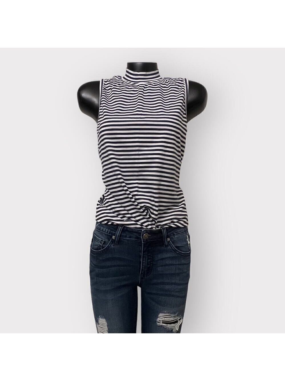 Liz Thomas VINTAGE Womens Tank Top sz M Sleeveless Shirt 80’s 90’s Stripes Navy